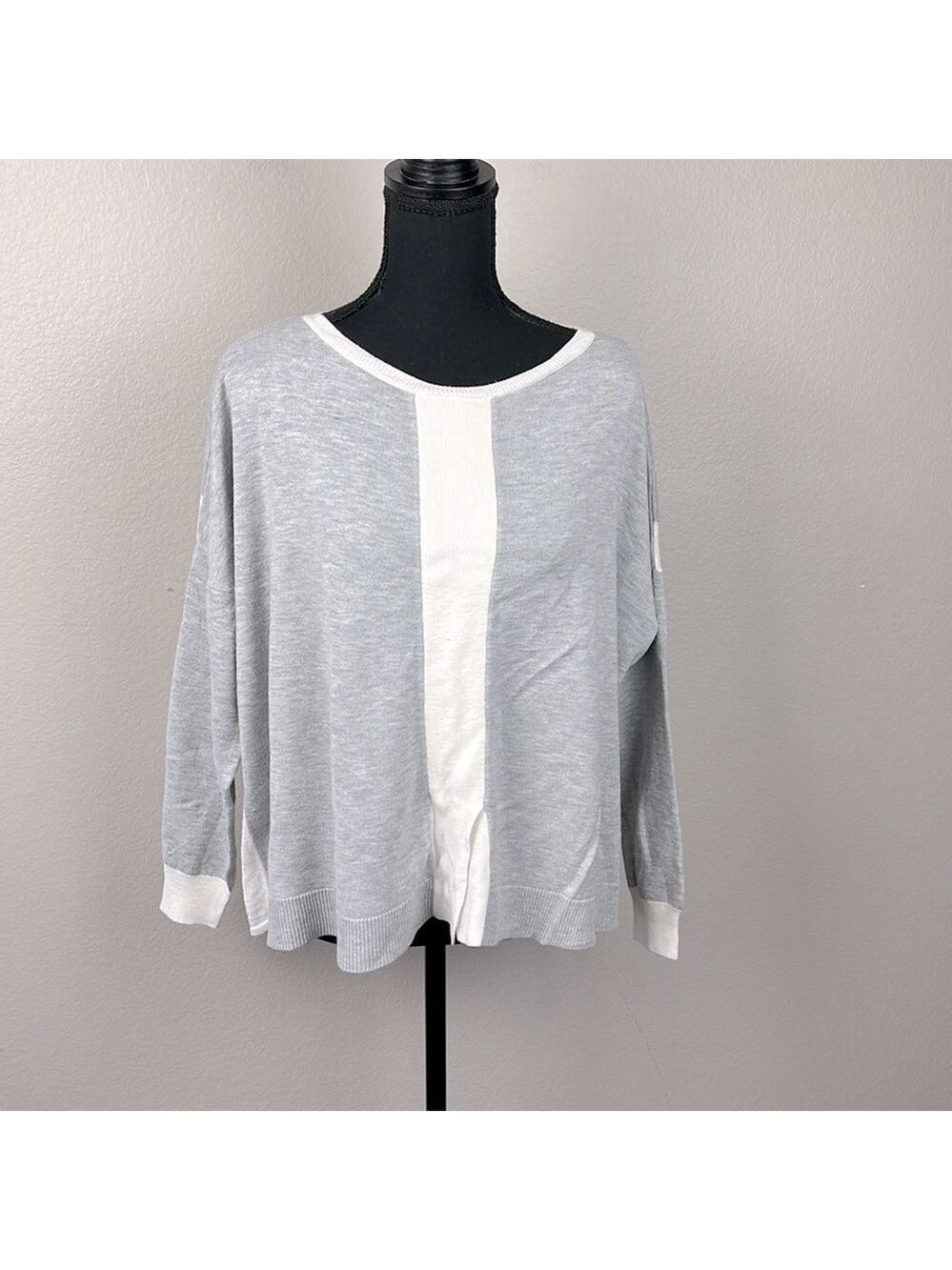 Nvelop Sweater Long Sleeve Crewneck Gray/White Colorblock Stripe Cotton Top L